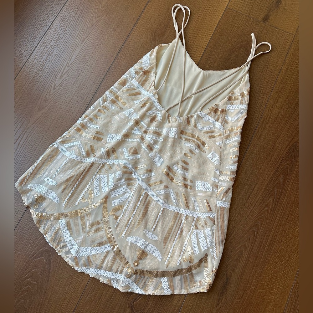 Show Me Your MuMu Cream and White Geometric Sequined Sparkling Mini Dress - Picture 9 of 16